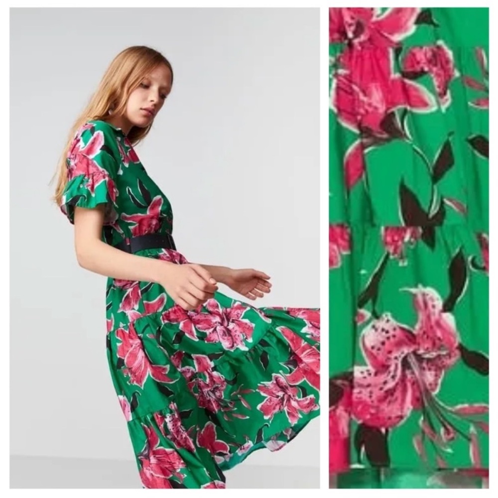 Zara Green Floral Tiered Midi Dress